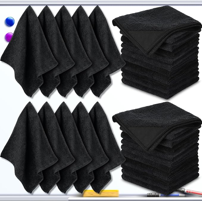 Tudomro 30 Pcs Magnetic Microfiber Cleaning Cloth Dry Erasers Bulk for Most Whiteboards Dry Erase Cloth Cleaner Reusable Home Office 10'' x 10''(Black)