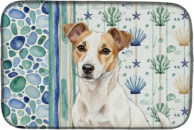 Caroline's Treasures White and Tan Jack Russell Terrier Coastal Sea Glass Dish Drying Mat Absorbent Dish Drying Mat Pad for Kitchen Counter Dish Drainer Mat for Countertop 14 x 21 Multicolor