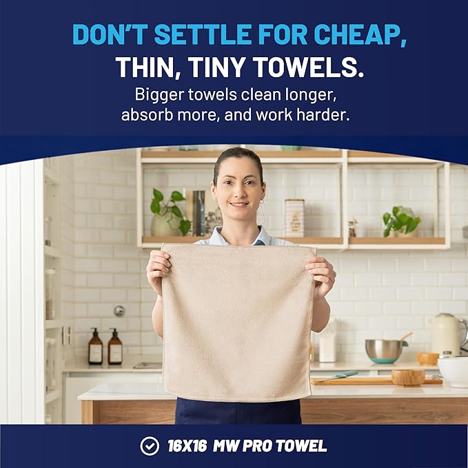 MW Pro Microfiber Cleaning Cloth | Sand | 12 Pack | 16” x 16” | All Purpose Microfiber Towels - Clean Dust Polish Scrub Absorbent