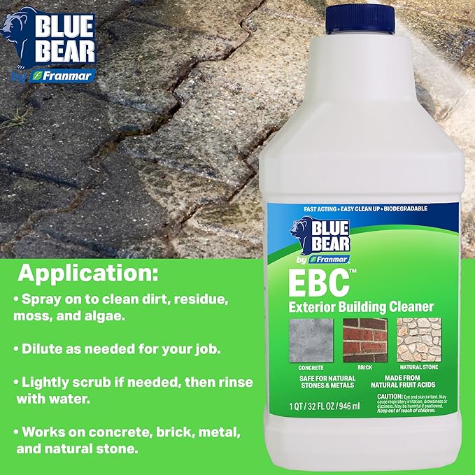 Blue Bear EBC Exterior Building Cleaner - Natural Fruit Acid Concentrate for Brick Stone Concrete &amp Metal-Removes Efflorescence Lime Residue Moss Algae &amp Dirt - Low VOC Biodegradable (1