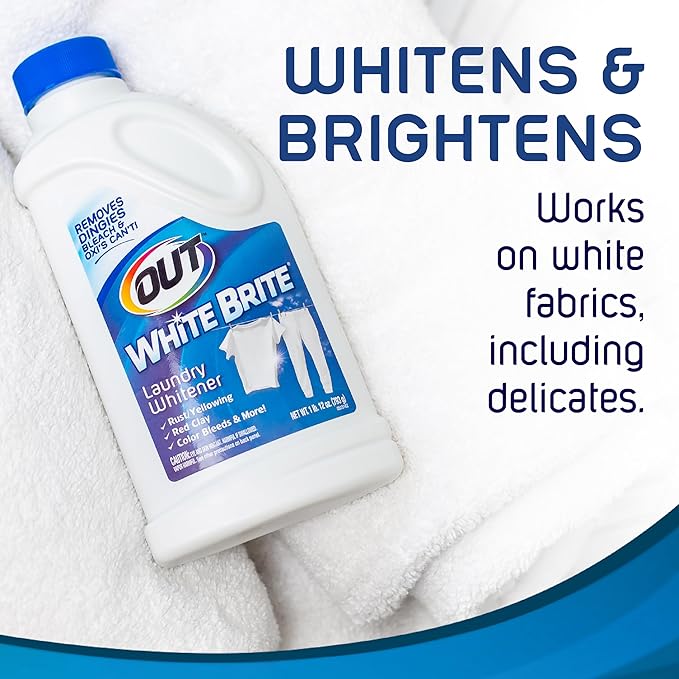 OUT White Brite Laundry Whitener Powder Stain Remover Detergent Booster for Clothes Removes Red Clay and Rust Stains on White Clothing and Uniforms