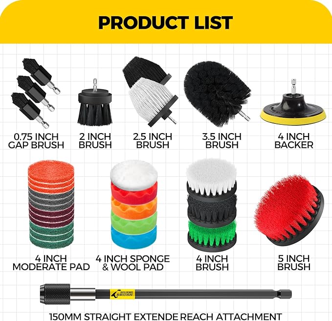 Holikme 30 Piece Drill Brush Set Scrub Pads Scrubber Brush with Extend Long Handle Clean for Grout Tiles Bathtub Bathroom Kitchen Black