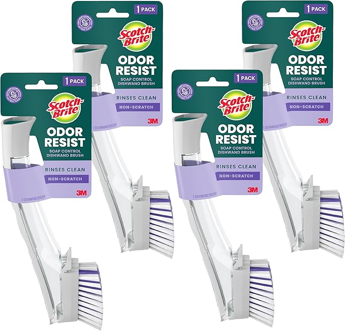 Scotch-Brite Odor Resist Soap Control Dishwand Brush Non-Scratch Cleaning Brush with Scraper Stands Upright 4-Pack