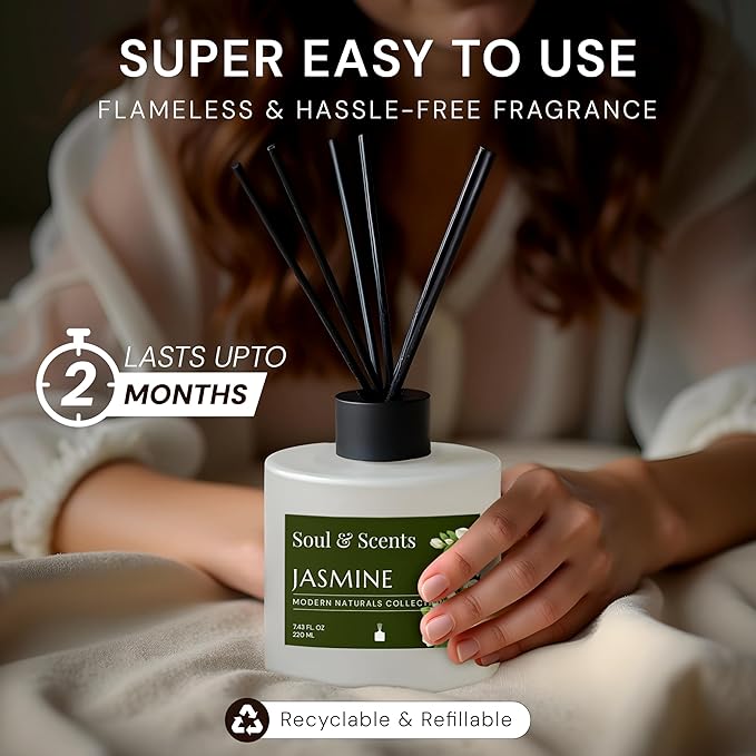 Soul &amp Scents Reed Diffuser Set – Jasmine | 7.43 oz Refillable Scented Oil with 6 Fiber Sticks | Long-Lasting Home Fragrance &amp Air Freshener for Bedroom Bathroom Office | Gift &amp Décor Pi
