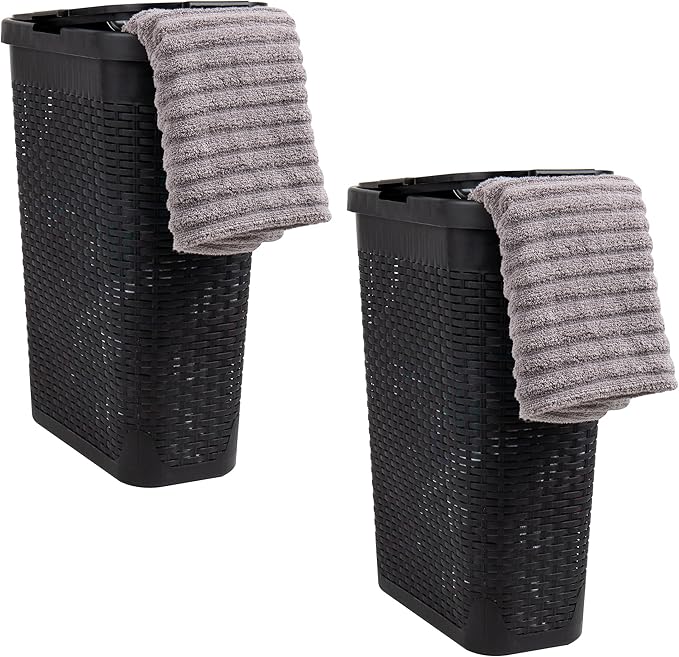 Mind Reader Slim Laundry Hamper with Lid 40L Clothes Basket Narrow Tapered Design with Ventilated Cutout Pattern Plastic Set of 2 Black