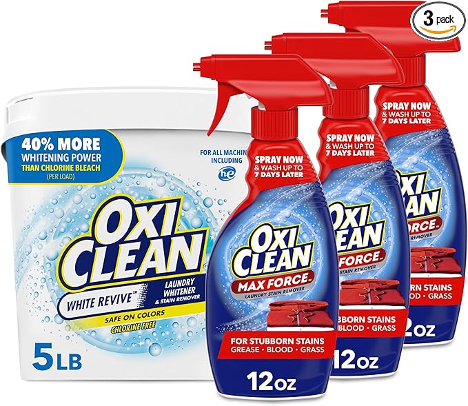 Bundle of OxiClean White Revive Laundry Whitener and Stain Remover Powder 5 lb + OxiClean Max Force Laundry Stain Remover Spray 12 Fl. Oz 3-Pack
