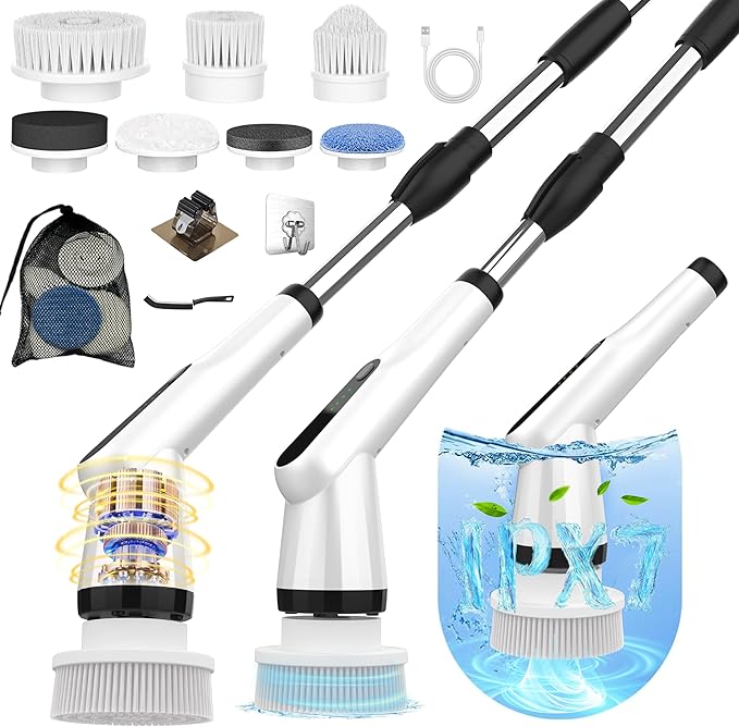 Electric Spin Scrubber Dreazu IPX7 Shower Scrubber with 7 Replaceable Brush Heads &amp Retractable Handle 2-Speed Adjustable Shower Cleaner for BathroomToilet Bathtub Kitchen Tile Floors