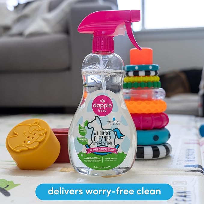 Dapple Baby All Purpose Cleaning Spray Hypoallergenic for Toys High Chairs Swings Counters Powered by Plants 1 Pump Included Fragrance Free 16.9 Fl Oz (Pack of 2) + 30 Count Wipes