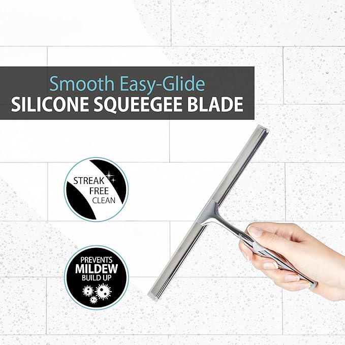 Better Living Deluxe Shower Squeegee Multi-Purpose Silicone Squeegee Blade with Storage Hook Rust-Proof Heavy Duty Window Glass Shower Door Scrubber Windshield Wiper 10 Chrome