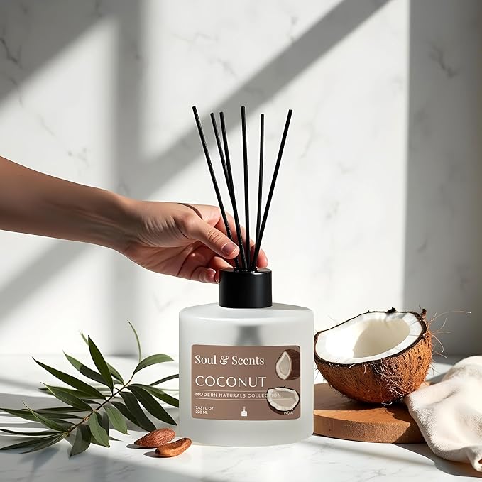 Soul &amp Scents Reed Diffuser Set – Coconut | 7.43 oz Refillable Scented Oil with 6 Fiber Sticks | Long-Lasting Home Fragrance &amp Air Freshener for Bedroom Bathroom Office | Gift &amp Décor Pi