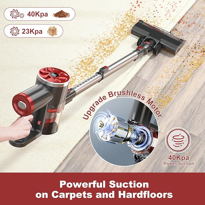 Cordless Vacuum Cleaner 40Kpa Powerful Suction Stick Vacuum with Smart LED Display 40Min Long Runtime Brushless Motor Self-Standing Lightweight Vacuum for Hardwood Floor Carpet Pet Hair