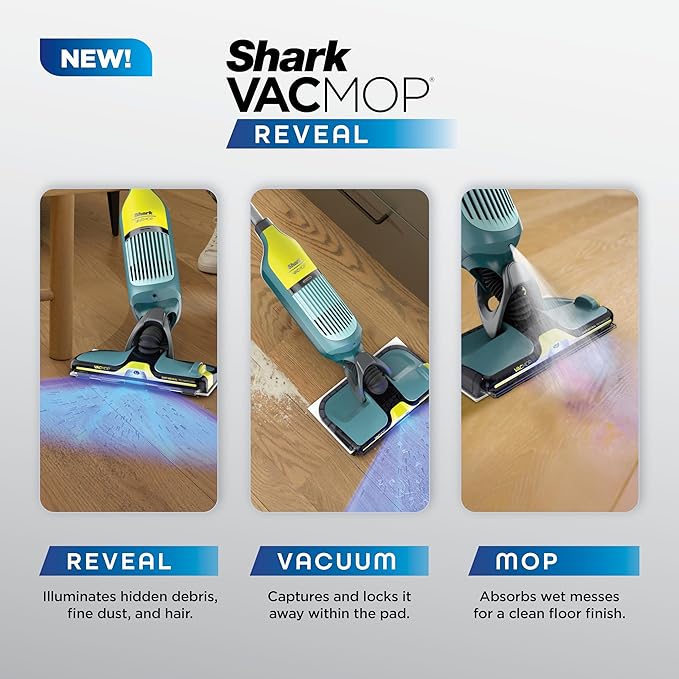 Shark VACMOP Reveal NEW Cordless Hard Floor Cleaner Vacuum &amp Spray Mop Powerful Suction Lightweight Illumination Light Includes 4 Disposable Pads 12oz Pet Multi-Surface Cleaning Solution VM