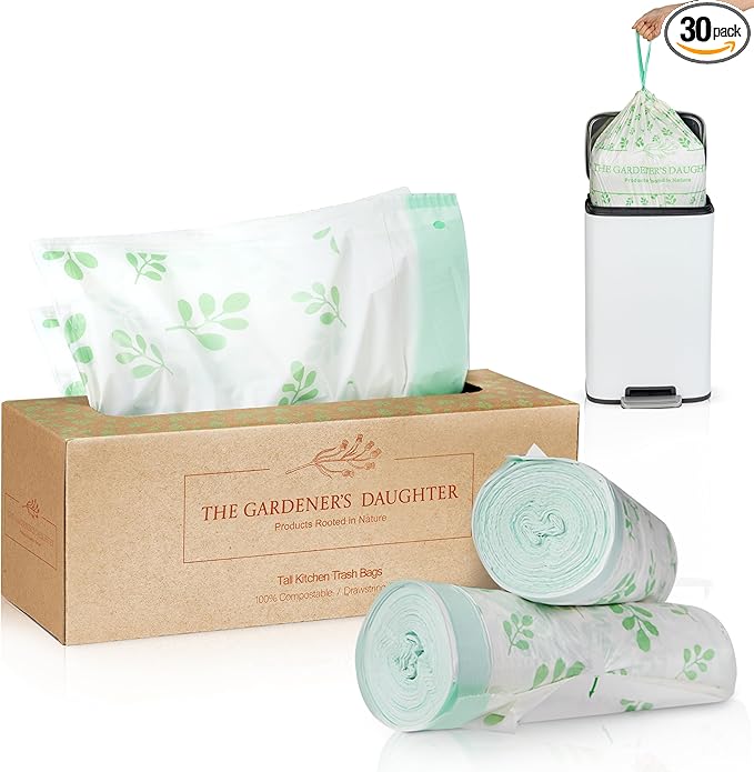 13 Gallon Compostable Trash Bags – Extra Strong Drawstring Kitchen Bags (30 Count White) | Leak-Proof BPI &amp TUV Certified Home Compostable – Evergreen by The Gardener's Daughter