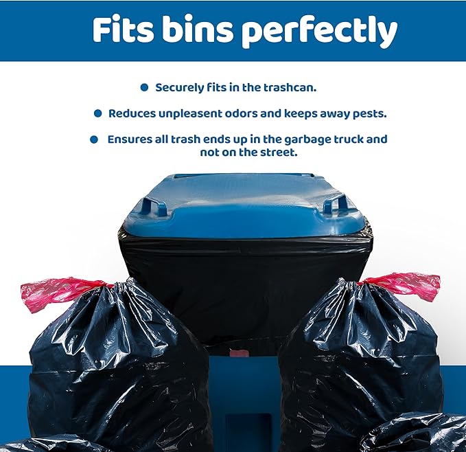 96 Gallon Industrial Strength Draw String Black Trash Bags for Heavy Duty Curb Pickup &amp Outdoor Trash Bins (20 each)