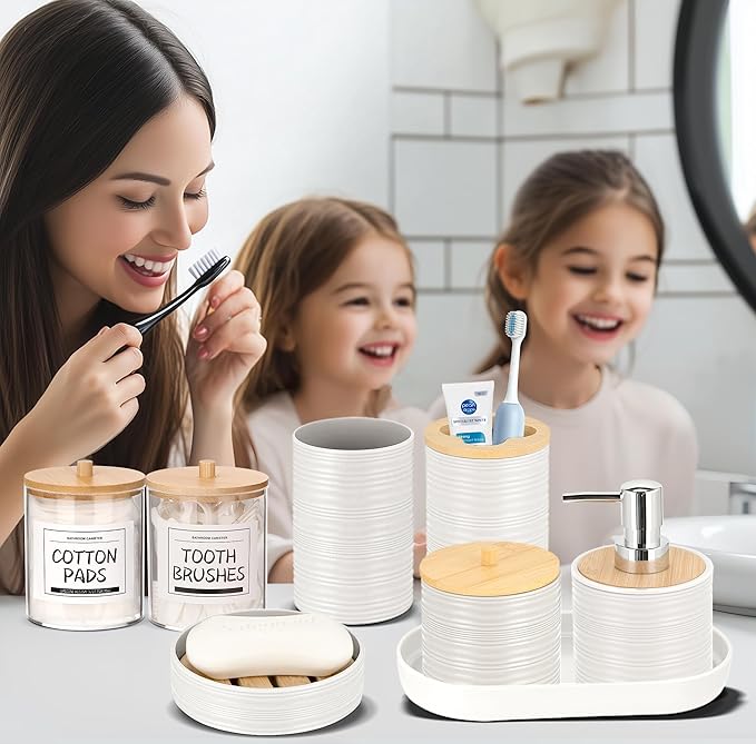 IMAVO Bathroom Accessory Set-11Pcs White Bathroom Accessories Set with Trash CanSoap DispenserSoap DishToothbrush HolderToothbrush CupToilet Brush HolderQtip Holder Dispenser with Labels
