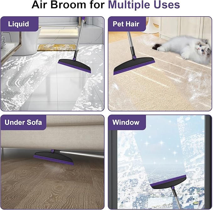 Broom with Dustpan Combo Set and Silicone Air Broom Kit 51 Long Handle Floor Squeegee Purple Household Kit for Glass Window Rugs Pet Hair Home