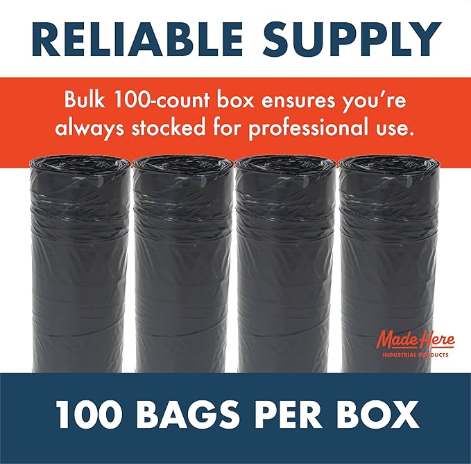 Made Here 55 Gallon Heavy Duty Commercial Trash Bags with Drawstring – Black Waste Can Liners for Office Janitorial and Facility Use Leak-Resistant 100 Count