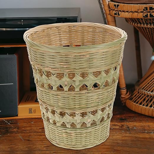 Rustic Style Woven Trash Can Hand-Woven Wastebasket Natural Rubbish Basket for Bathroom Kitchen Home Storage
