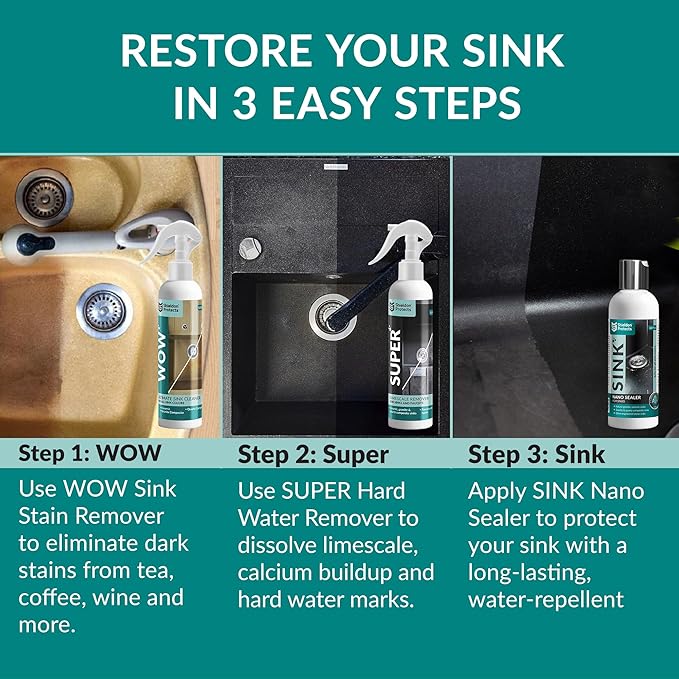 Shieldon Protects Sink Restorer Kit – 3-Step System: Heavy Duty Kitchen Sink Cleaner Hard Water Stain Remover &amp Nano Sealer Protector for Granite Composite Quartz Porcelain &amp Ceramic Kitche