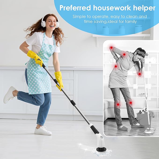 Electric Spin Scrubber Cordless Cleaning Brush with 180 Min Runtime 3-Speed 7 Replaceable Brush Heads &amp Long Detachable Handle LCD Display (RPM/Torque/Battery) for Bathroom Kitchen Tile
