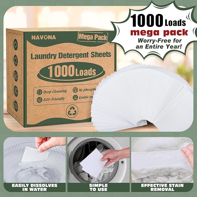 1000 Loads Mega Pack Laundry Detergent Sheets Eco-friendly Laundry Sheets Powerful Cleaning Suitable for Homes Dorms and Apartments - [Fresh Scent]