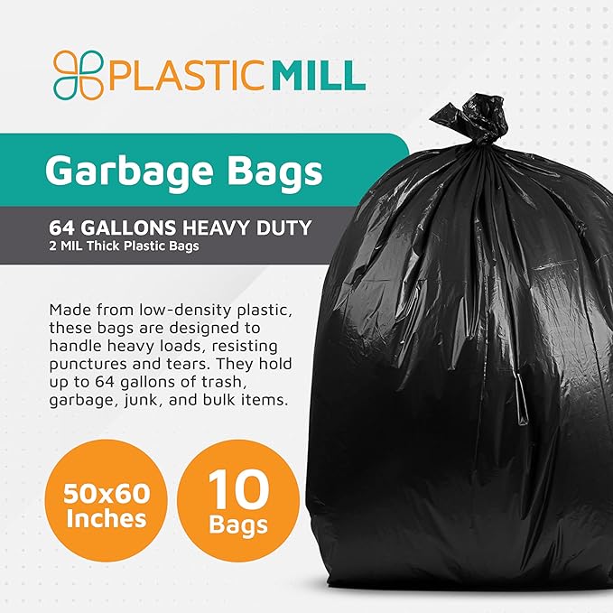 PlasticMill 64 Gallon Garbage Bags: Black 2 Mil 50x60 10 Bags.