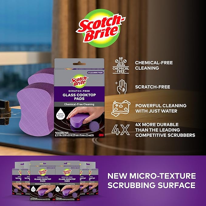 Scotch-Brite Glass Cooktop Pads Scratch-Free &amp Non-Abrasive Scrubbers for Glass or Ceramic Stovetops Cleans Burnt-On Messes with Just Water Reusable Dishwasher-Safe Design (12 Pads)