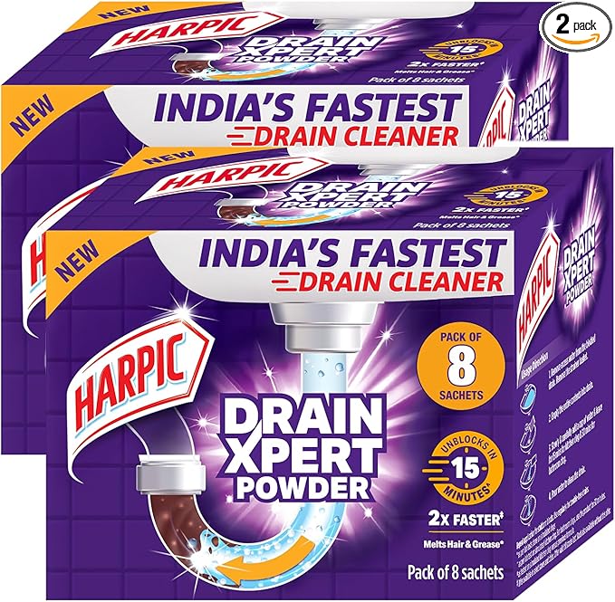 Harpic Drain Xpert Drain Cleaning Powder (50g x 8) | Removes Blockages in Pipes Sinks &amp Septic Tanks| Works within 30 minutes | Melts Grease &amp Dissolves Hair (Pack of 2)