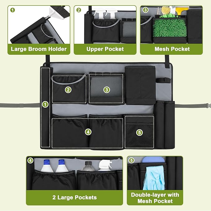 32-55 Gallon Trash Can Caddy Bag Garbage Bin Apron Caddy with Multiple Pockets for Cleaning Supplies Cleaning Tool Organizer with Adjustable Buckle for Janitorial Trash Can Black+Gray