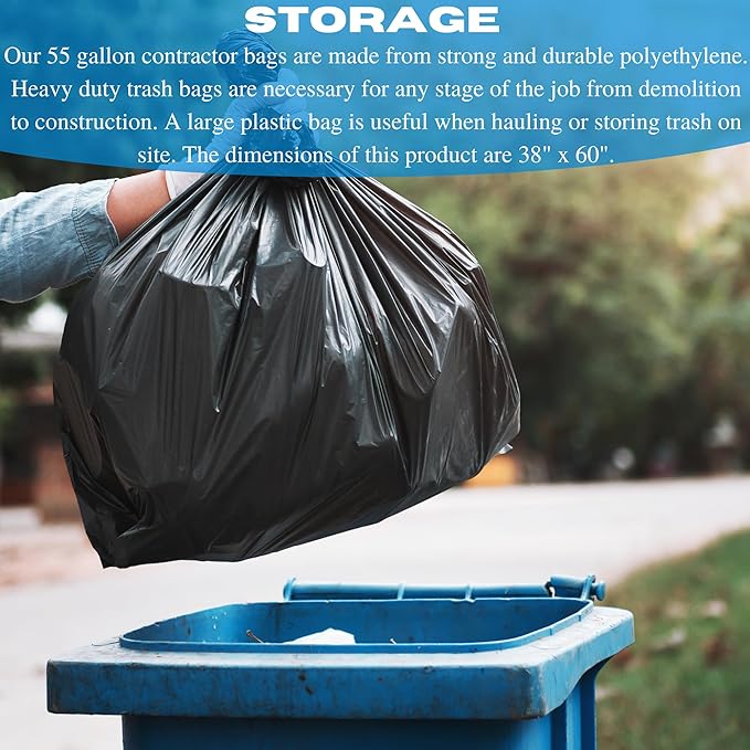 55 Gallon Trash Bags 6 Mil - Contractor Trash Bags Black Trash bags Large Trash Bags Heavy Duty Garbage Bags 55 Gallon Trash Bags Heavy Duty 55 Gallon Drum Liners (5 Pack)