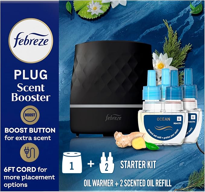 Febreze PLUG Scent Booster Starter Kit Black Oil Diffuser Air Freshener Plug In Continuous Scent Device + 2 Ocean Refills