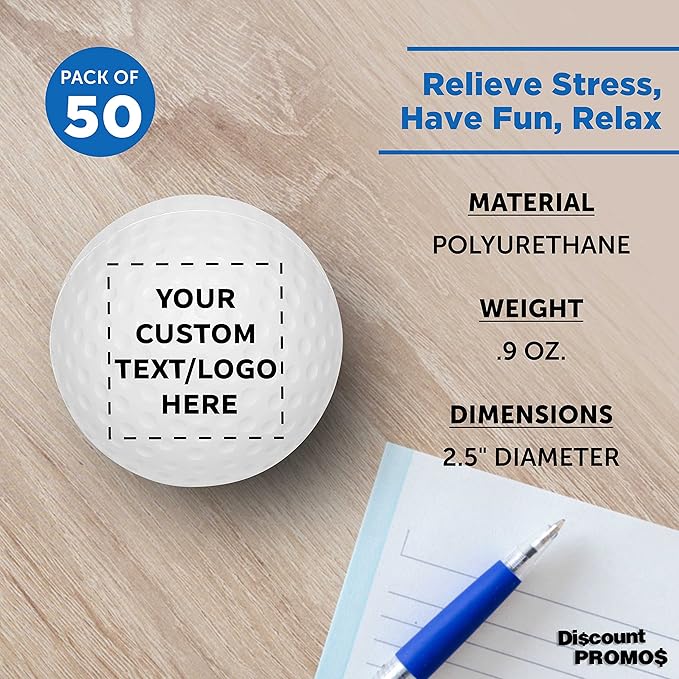 DISCOUNT PROMOS Custom Golf Shaped Squeeze Balls Set of 50 Personalized Bulk Pack - Perfect for Promotional Giveaways - White