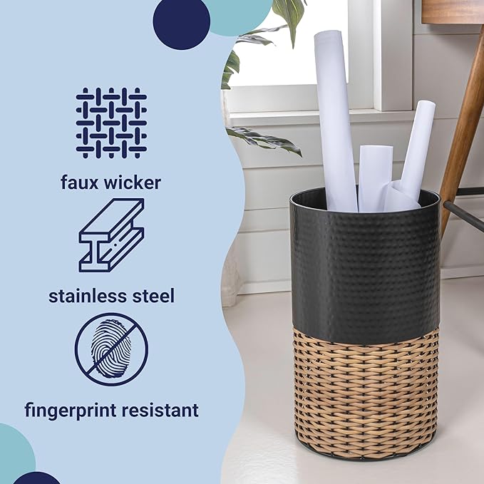 happimess HPM1102C Asher Modern 4.13-Gallon 2-Tone Faux Wicker/Metal Cylinder Waste Basket Black/Natural for Home Bathroom Living Room Office Bedroom Kitchen