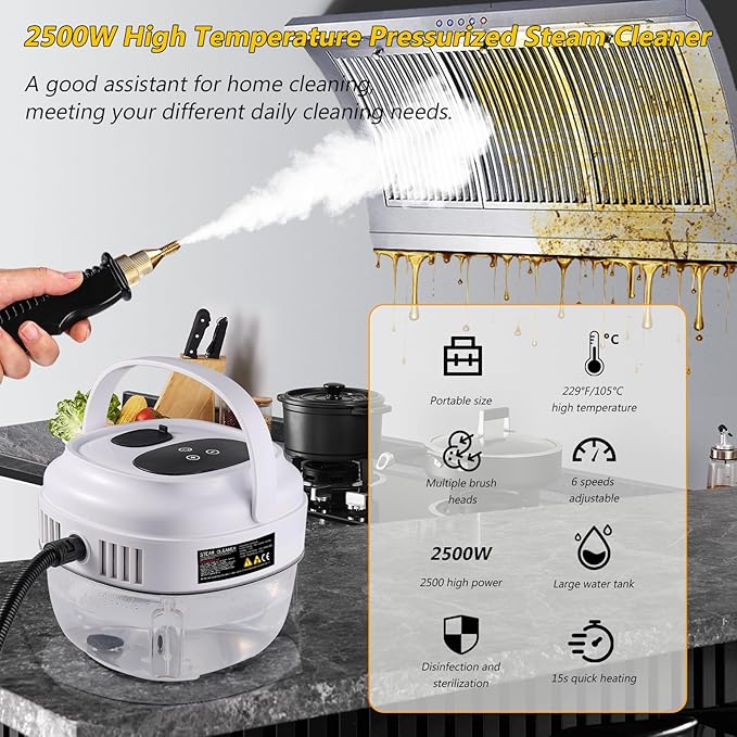 Handheld Steam Cleaner 2500W Portable Steamer For Cleaning Car Detailing and Grout 15s Heat-Up 1.5L Tank Pressurized Steam Cleaner for Home Use &amp all Surfaces