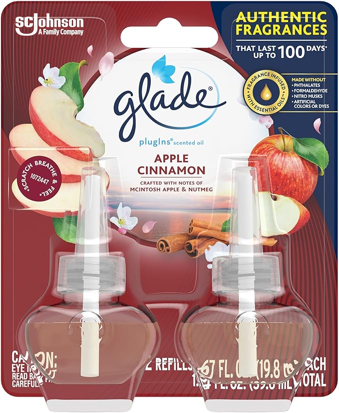 Glade PlugIns Refills Air Freshener Scented and Essential Oils for Home and Bathroom Apple Cinnamon 1.34 Oz 2 Count