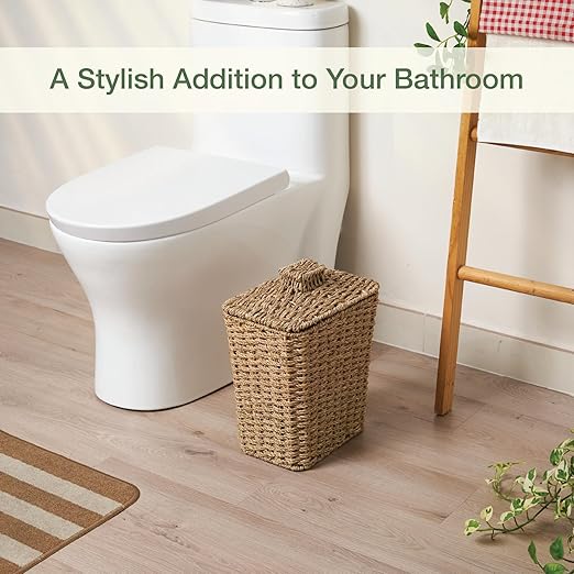 Wicker Trash Can with Lid and Liner - Rattan Trash Can for Bathroom - Decorative Wicker Waste Basket for Bedroom Kitchen and Office (Natural Seagrass)