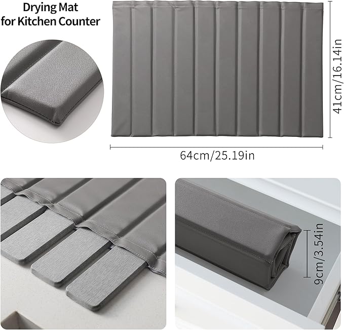 Stone Dish Drying Mat with PU Leather Surface for Kitchen Counter Water-Absorbent Collapsible Roll up Quick Dry Non-Slip for Cups Dishes BottlesRemovable and washable(Medium Gray 23.6”x15.4”)