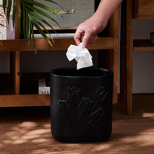 Black Ceramic Tulips Small Bathroom Trash Can 2.6 Gal (10 Liter) - Heavy &amp Decorative Garbage Bin for Bathroom Kitchen Office Bedroom &amp Living Room Corner