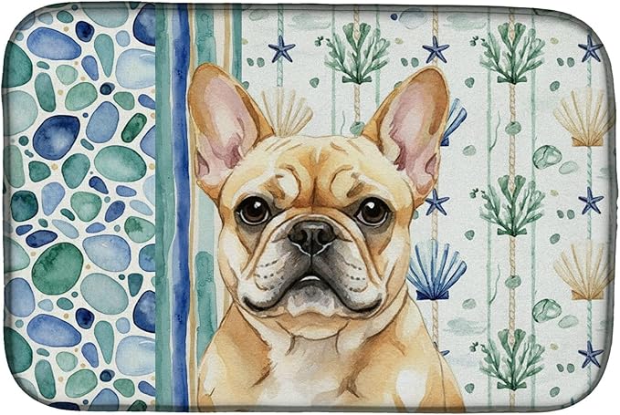 Caroline's Treasures Fawn French Bulldog Coastal Sea Glass Dish Drying Mat Absorbent Dish Drying Mat Pad for Kitchen Counter Dish Drainer Mat for Countertop 14 x 21 Multicolor