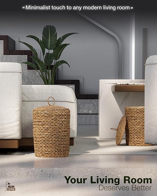 BLUEWEST 3 Gallons Wicker Trash Can with LidHandwoven Rattan Trash Can Woven Decorative Wastebasket Wicker Waste Basket with Removable Plastic Inner Bin for Bathroom Bedroom Office or Kitchen
