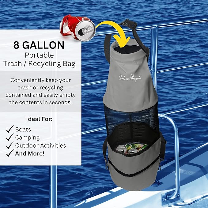 Boat Trash Bag - Heavy-Duty 600D Mesh Oxford Fabric with Bottom Zipper and Top Rubber Closure - Leakproof and Washable for Boats Kayaks Campers RVs and More