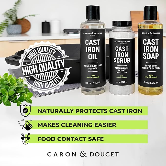 CARON &amp DOUCET - Ultimate Cast Iron Set: Seasoning Oil Cleaning Soap &amp Restoring Scrub | 100% Plant-Based &amp Best for Cleaning Care Washing Restoring &amp Seasoning Skillets Pans &amp