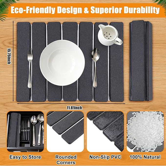 Sawysine 2 Pcs Stone Dish Drying Mats for Kitchen Counter 16x12 Collapsible Diatomaceous Earth Mats Absorbent Quick Drying Bath Kitchen Pad for Dishes Cups Bottles Fits Any Countertop(Dark Gray)
