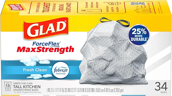 Glad ForceFlex MaxStrength Tall Kitchen Drawstring Trash Bags 13 Gallon Fresh Clean Scent with Febreze Freshness 34 Count