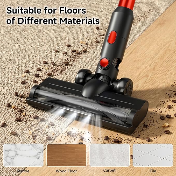 Cordless Vacuum Cleaner for Home - Lightweight Stick Vacuum Clean with Rechargeable Battery Max 45Mins Runtime 8 in 1 Handheld Vacuum for Hardfloor &amp Carpets Pet Hair Red&ampBlack