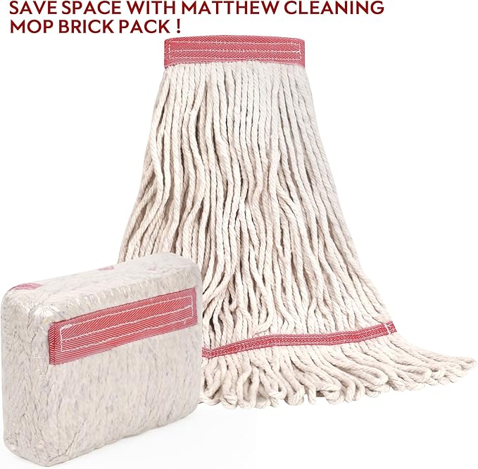 MATTHEW CLEANING Heavy Duty Mop Head Commercial Replacement for General and Floor Cleaning Wet Industrial Blue Cotton Looped End String Head Refill (Case of 24) White