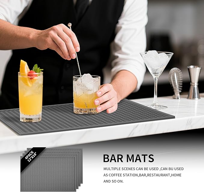 4 Pack Grey Rubber Bar Mat for Countertop -Grey 18 x 12 Large Bar Mats for Bartending Spill Mat for Home Kitchen &amp Bar Accessories Dish Drying Cocktail Service Mat