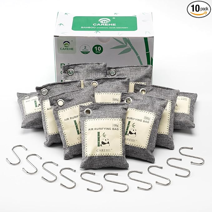Activated Charcoal Odor Eliminator for Strong Odors 100% Bamboo Charcoal Bags Natural Odor Absorber for Home Car Closet and Pet Areas Natural Freshener (100g*10 Pack)