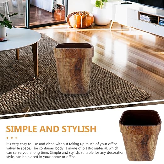 BESPORTBLE 13 Gallon Wood Grain Trash Can Large Capacity Plastic Wastebasket Square Open-top Bathroom Garbage Can for Home and Office Storage