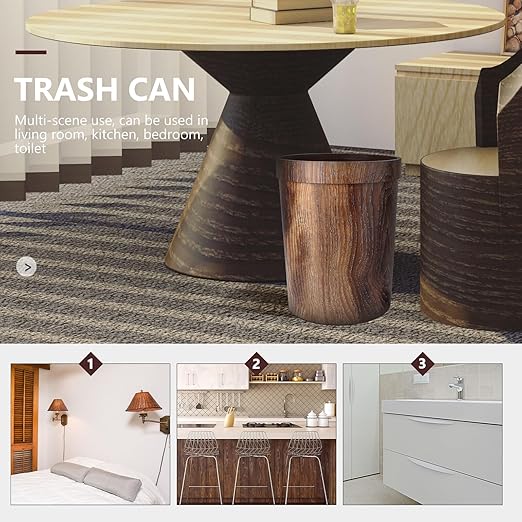 KESYOO Vintage Style Wood Grain Trash Can Large Round PP Garbage Bin for Home Kitchen Living Bedroom Wastebasket with Decorative Natural Wood Texture
